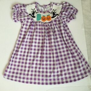 Halloween Smocked Dress Size 6-12 months, Purple and White Check